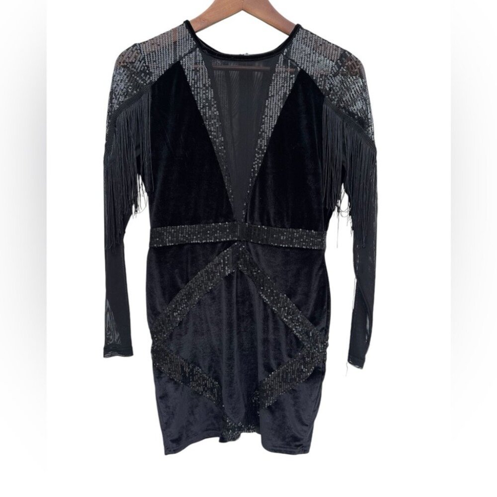 Boohoo Womens Velvet Fringe Mini Dress Black US 8 Sequined Long Sleeve Pre-Owned